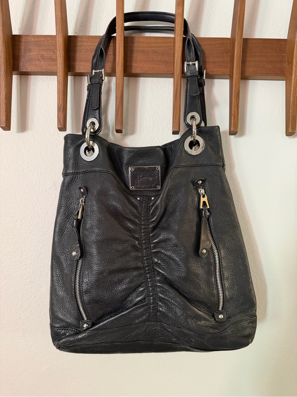 B Makowsky Black Leather Shoulder Tote with Silver Hardware